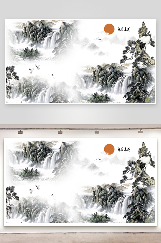 中式山水风景画背景墙-众图网
