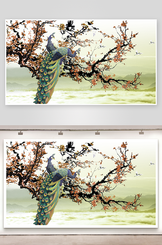 梅花水墨中式背景墙-众图网