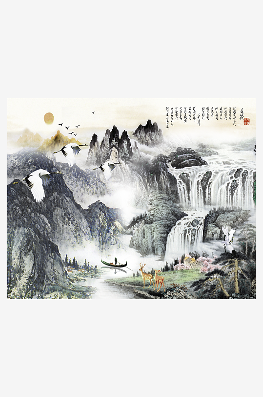 水墨山水风景画中式背景墙-众图网