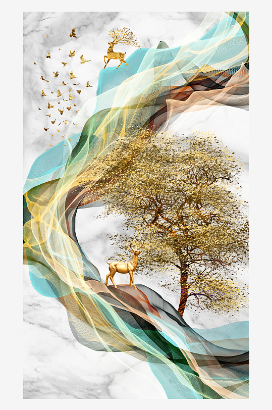 麋鹿飞鸟发财树玄关装饰画-众图网