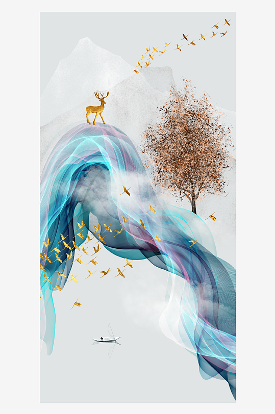 麋鹿飞鸟发财树玄关装饰画-众图网