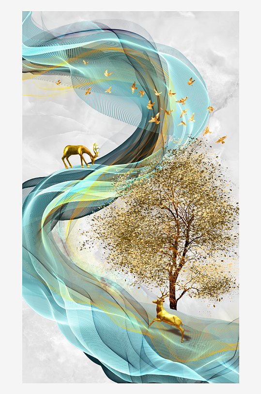 麋鹿飞鸟发财树玄关装饰画-众图网