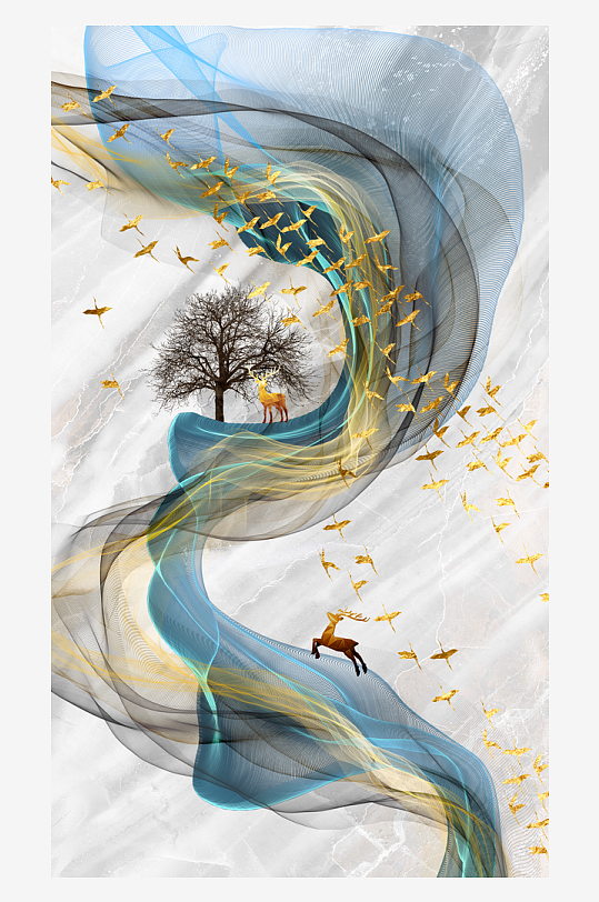 麋鹿飞鸟发财树玄关装饰画-众图网