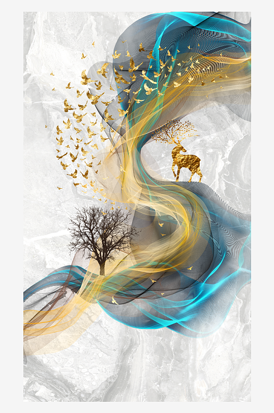 麋鹿飞鸟发财树玄关装饰画-众图网