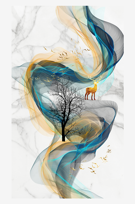 麋鹿飞鸟发财树玄关装饰画-众图网