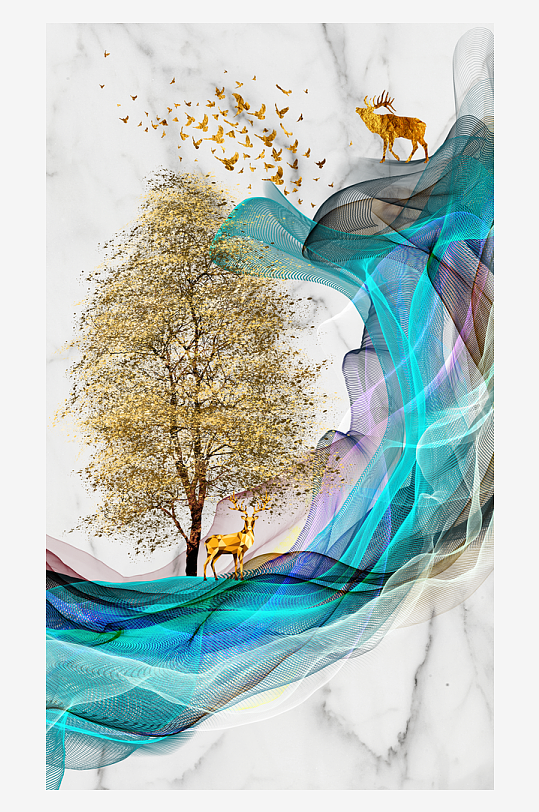 麋鹿飞鸟发财树玄关装饰画-众图网