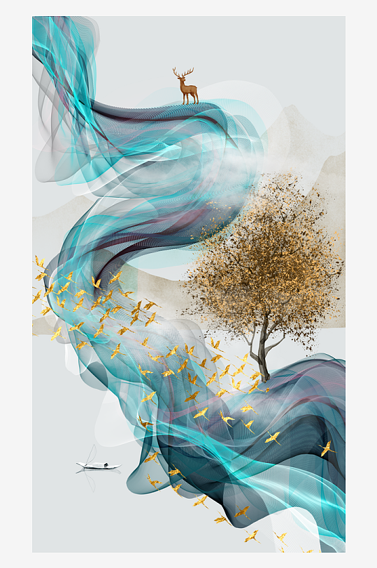 麋鹿飞鸟发财树玄关装饰画-众图网