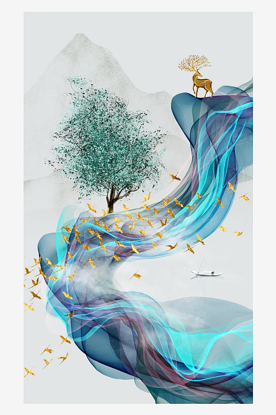 麋鹿飞鸟发财树玄关装饰画-众图网