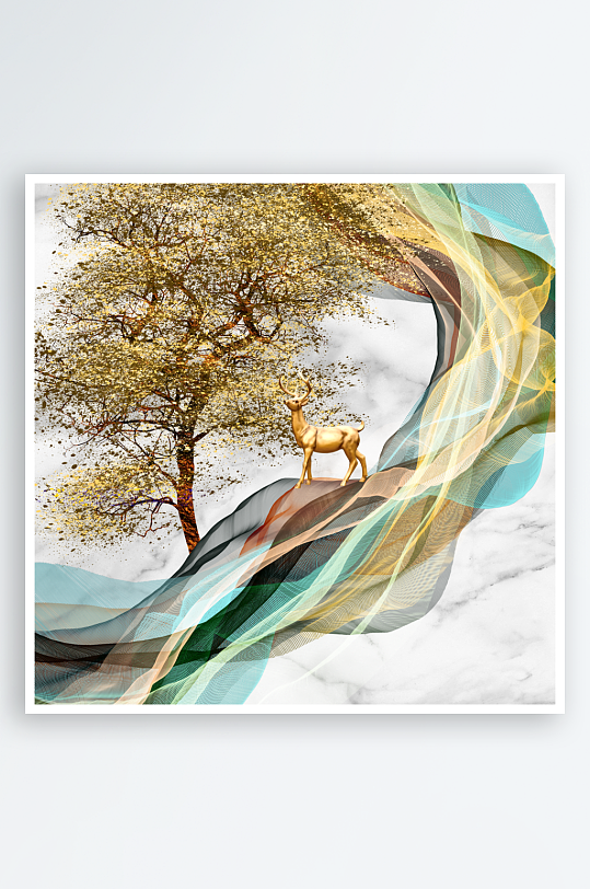 中式发财树风景画装饰画-众图网