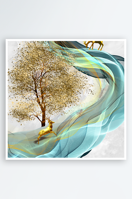 中式发财树风景画装饰画-众图网