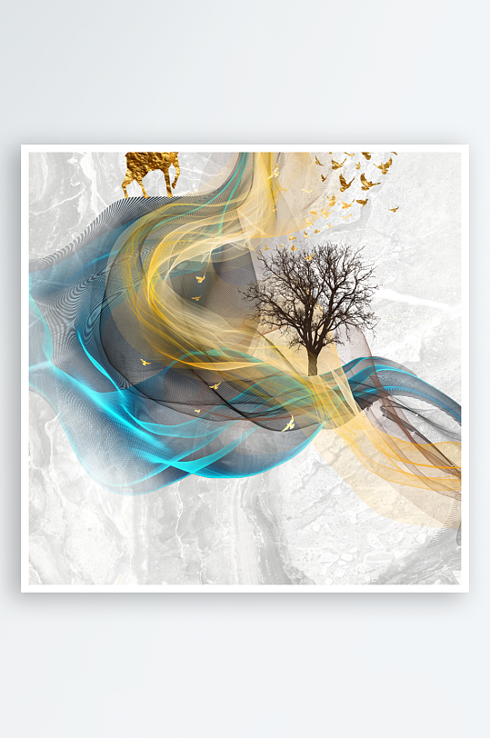 中式发财树风景画装饰画-众图网