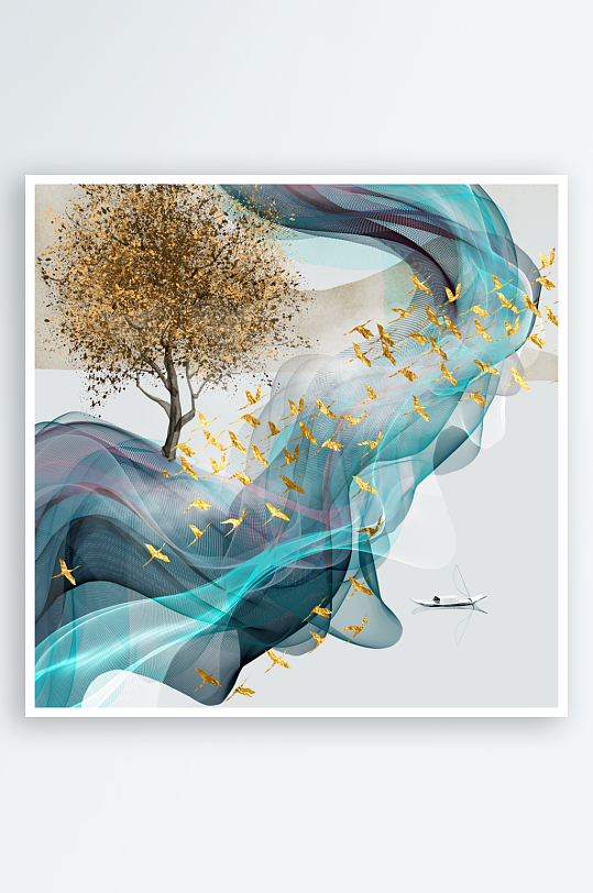 中式发财树风景画装饰画-众图网