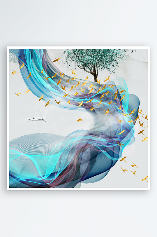 中式发财树风景画装饰画-众图网