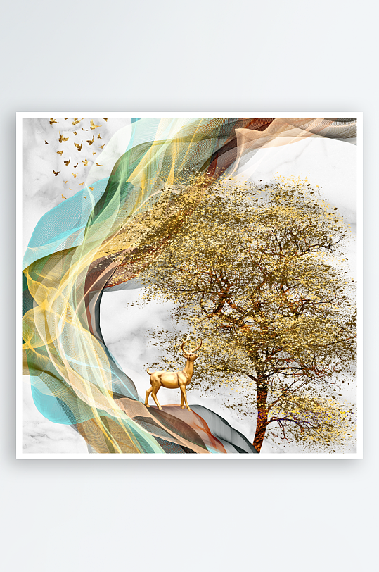 中式发财树风景画装饰画-众图网