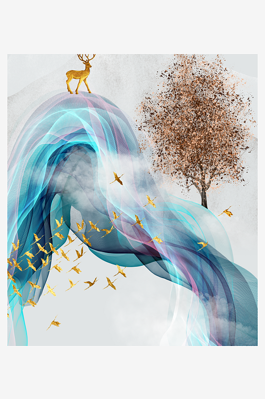 中式发财树风景画装饰画-众图网