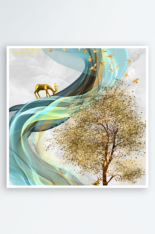 中式发财树风景画装饰画-众图网