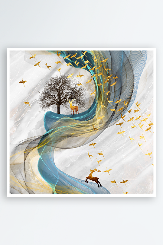 中式发财树风景画装饰画-众图网