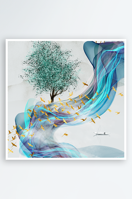 中式发财树风景画装饰画-众图网