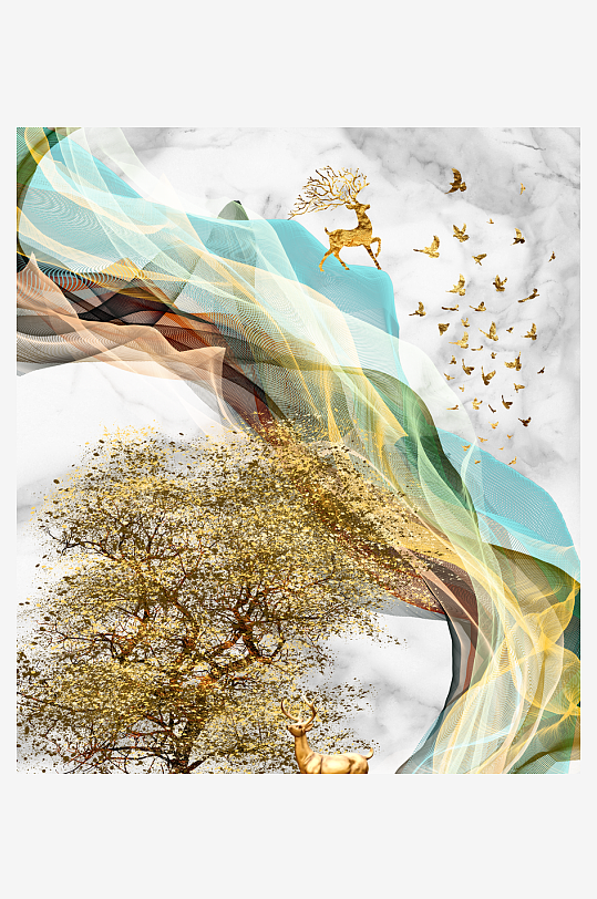 中式发财树风景画装饰画-众图网