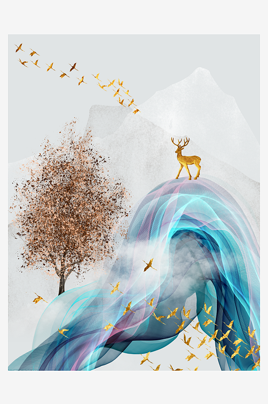 中式发财树风景画装饰画-众图网