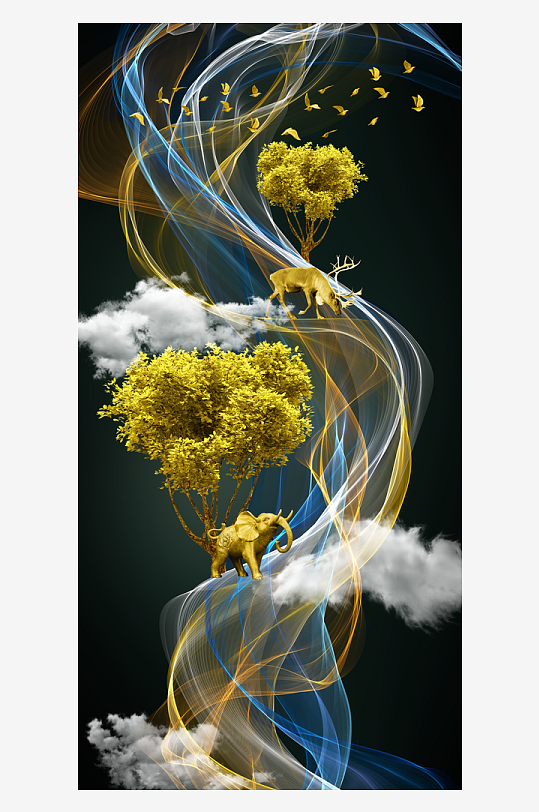 抽象线条金色森林装饰画-众图网