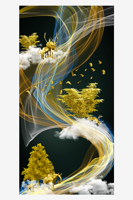 抽象线条金色森林装饰画-众图网