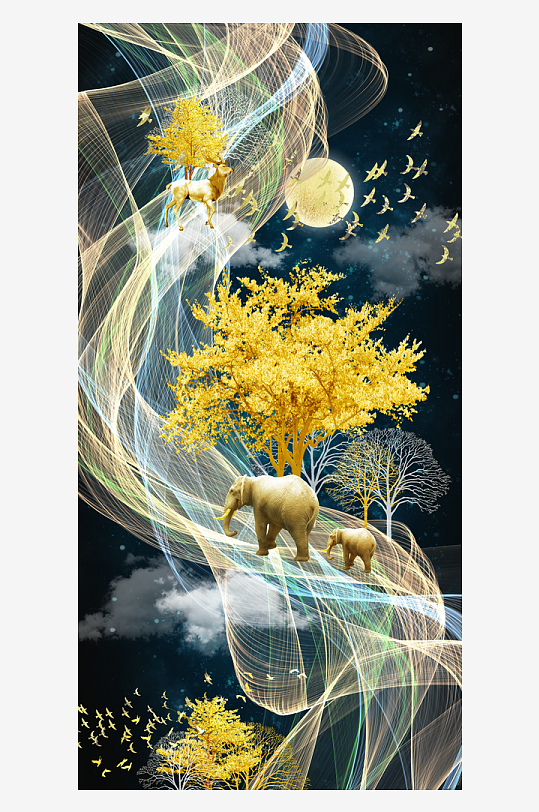 抽象线条金色森林装饰画-众图网