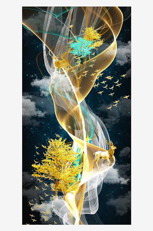 抽象线条金色森林装饰画-众图网