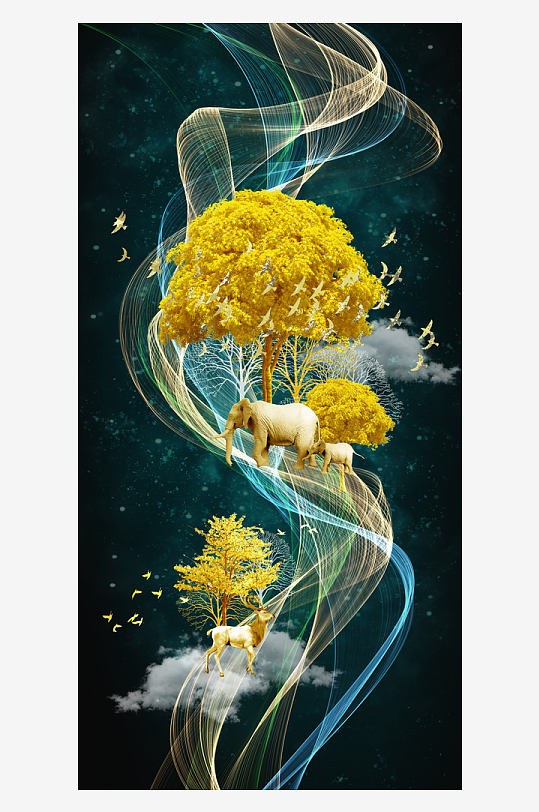 抽象线条金色森林装饰画-众图网