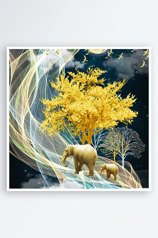 抽象线条金色森林装饰画-众图网
