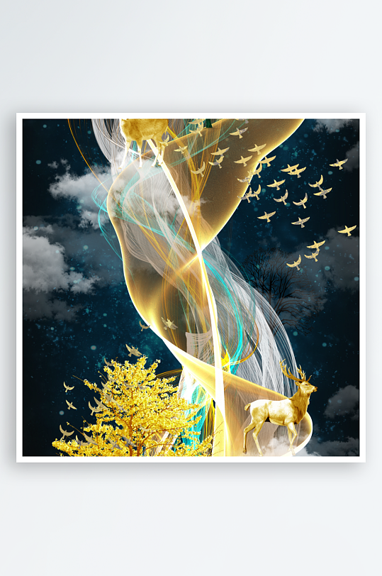 抽象线条金色森林装饰画-众图网