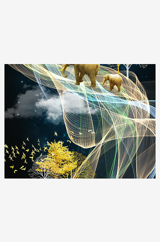 抽象线条金色森林装饰画-众图网