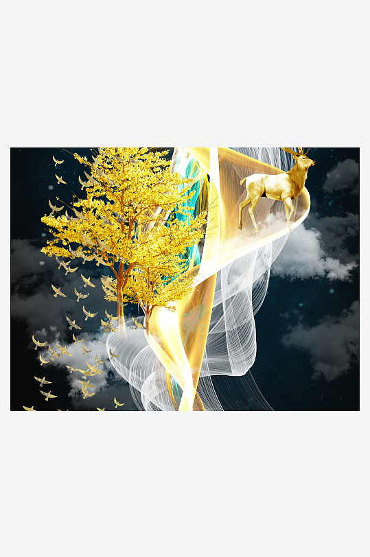 抽象线条金色森林装饰画-众图网