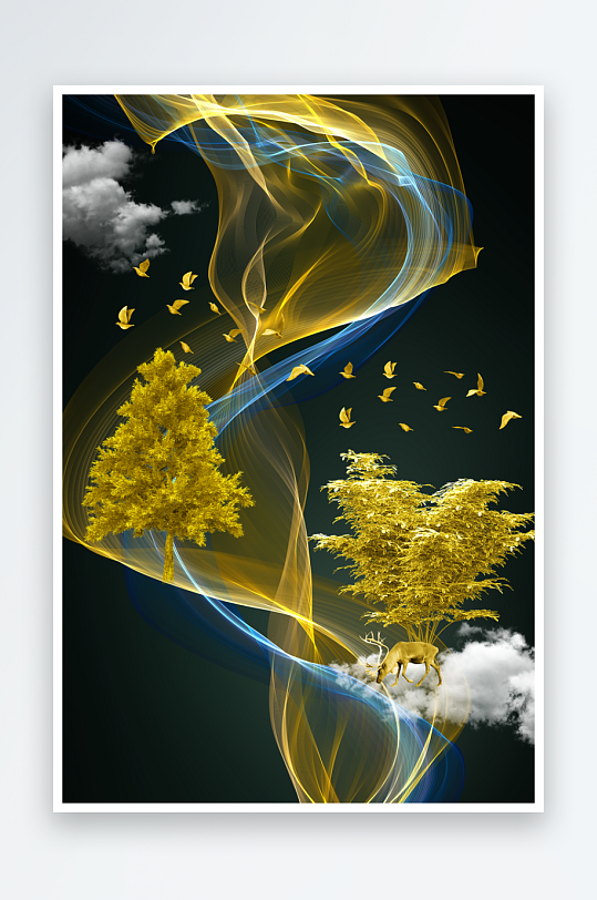 抽象线条金色森林装饰画-众图网