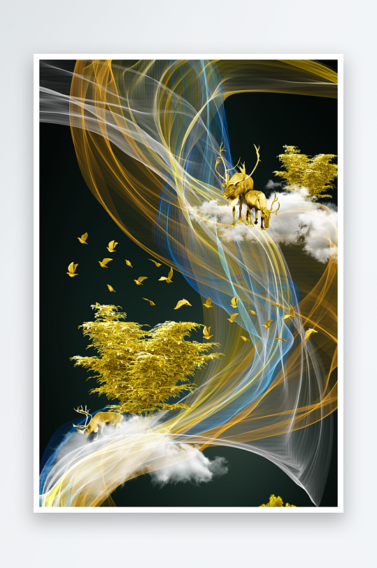 抽象线条金色森林装饰画-众图网