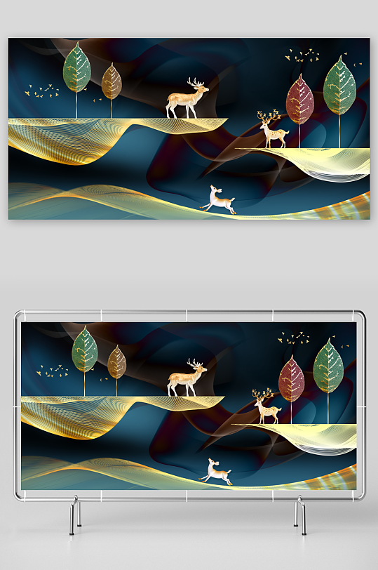 轻奢金色麋鹿风景画装饰画-众图网