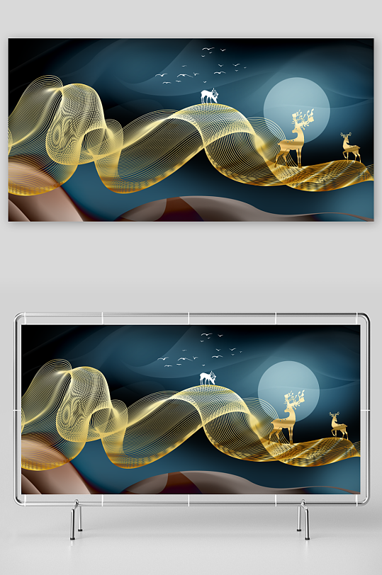 轻奢金色线条山脉风景画装饰画-众图网