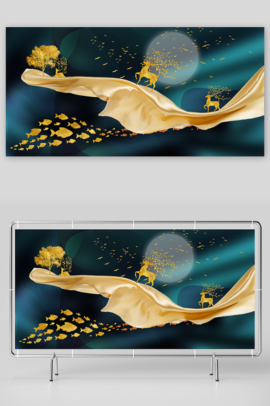 轻奢金色鱼群艺术装饰画-众图网