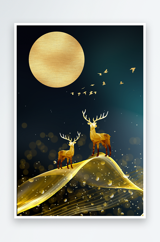 轻奢金色麋鹿飞鸟装饰画-众图网
