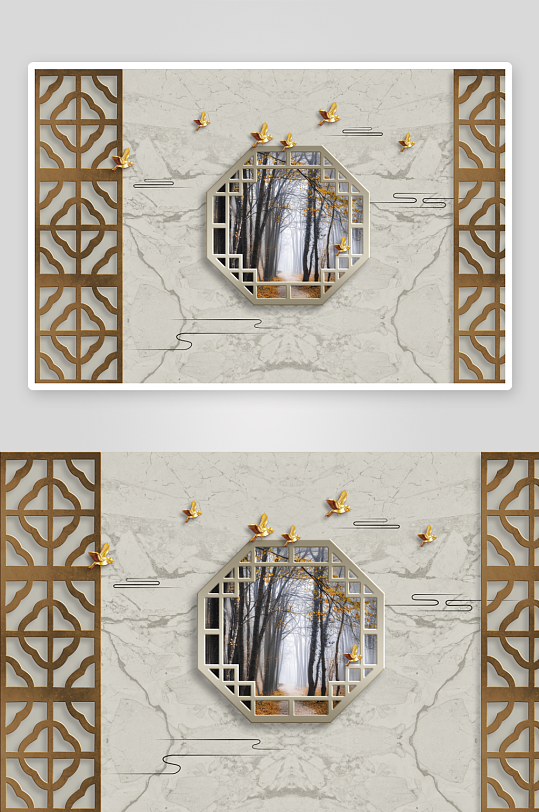 飞鸟中式风景画背景墙-众图网