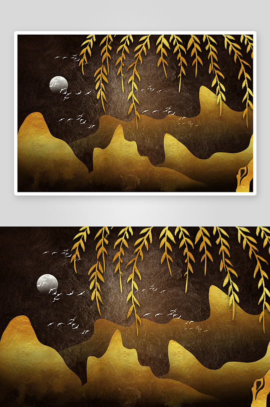 中式飞鸟风景画背景墙-众图网