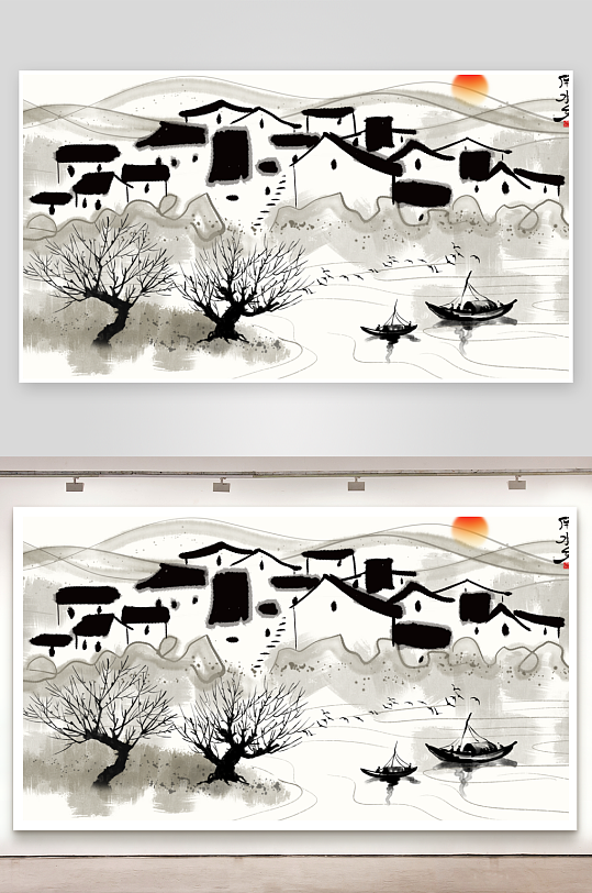 山水风景画中式装饰画挂画-众图网