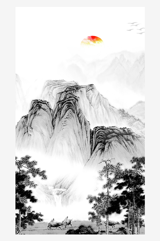 山水风景画国画装饰画-众图网