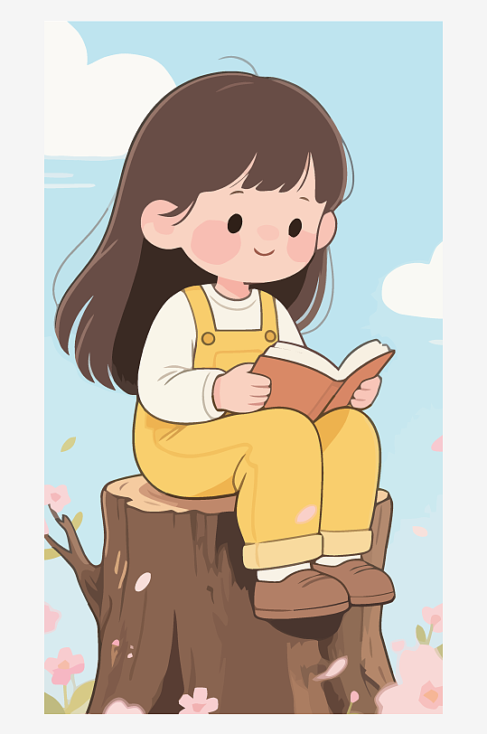 Q版矢量女孩坐在树桩上看书插画