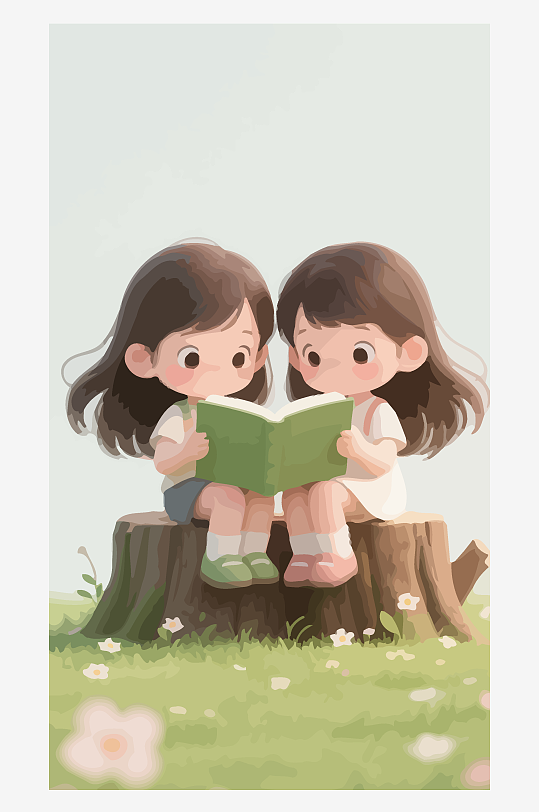 Q版矢量女孩坐在树桩上看书插画