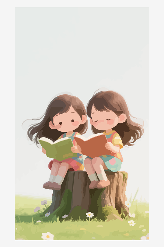 Q版矢量女孩坐在树桩上看书插画