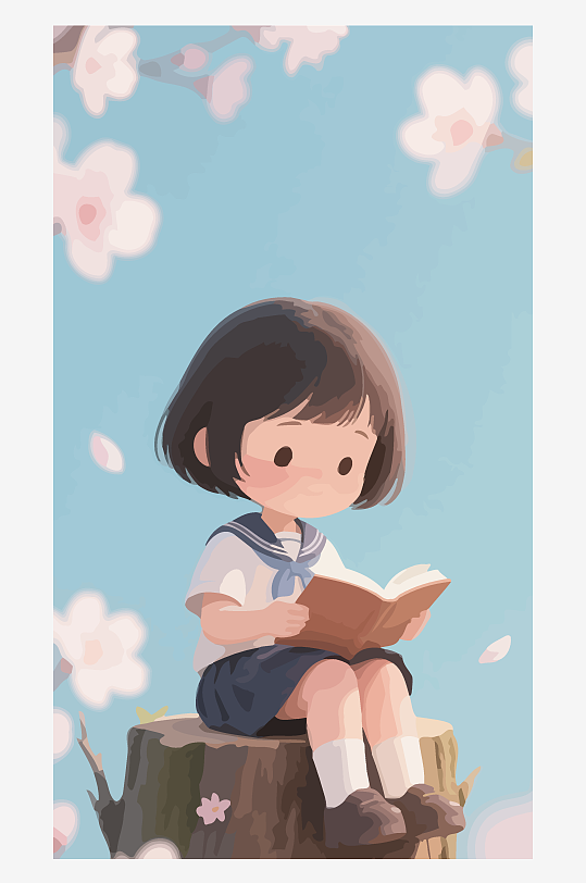 Q版矢量女孩坐在树桩上看书插画