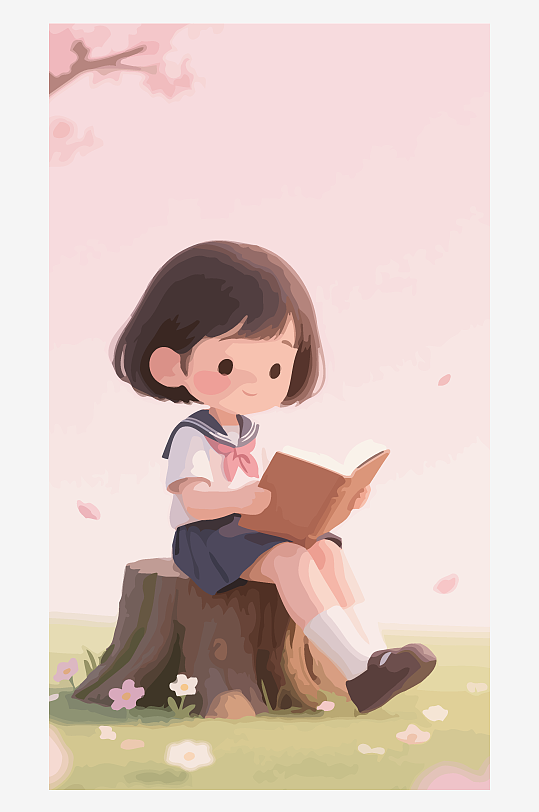 Q版矢量女孩坐在树桩上看书插画