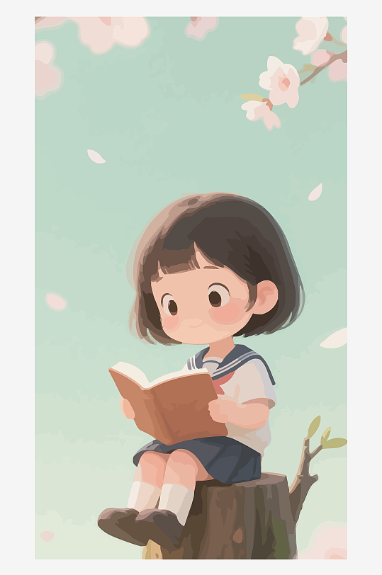 Q版矢量女孩坐在树桩上看书插画