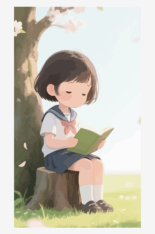 Q版矢量女孩坐在树桩上看书插画